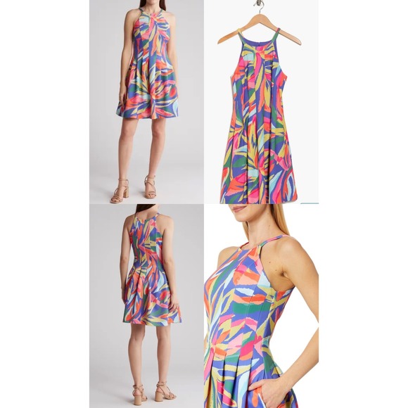 Vince Camuto Dresses & Skirts - Vince Camuto Multi Color Tropical Leaf Halter Fit Flare Dress size‎ 12 feminine